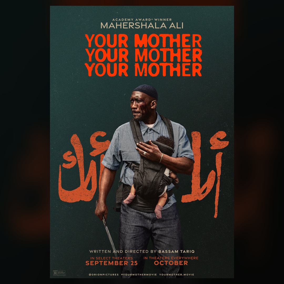 Your Mother Your Mother Your Mother poster featuring Mahershala Ali carrying a baby against a dark green background.